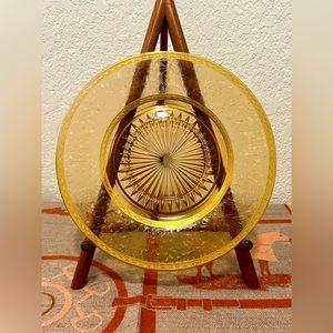 Amber depression glass plate with 24k gold trim.